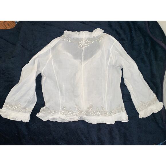 NEIMAN MARCUS EXCLUSIVE BUTTON FRONT V-NECK RUFFLED EMBROIDERED LINEN BLOUSE M - Picture 4 of 8